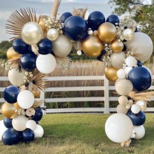 Navy Blue White Balloons Double Stuffed Balloons 18/12/10/5 inch Royal Blue Gold Pearl White Sand Dark Blue Cream Balloon Arch Garland Kit for Anniversary Wedding Graduation Birthday Party Decorations