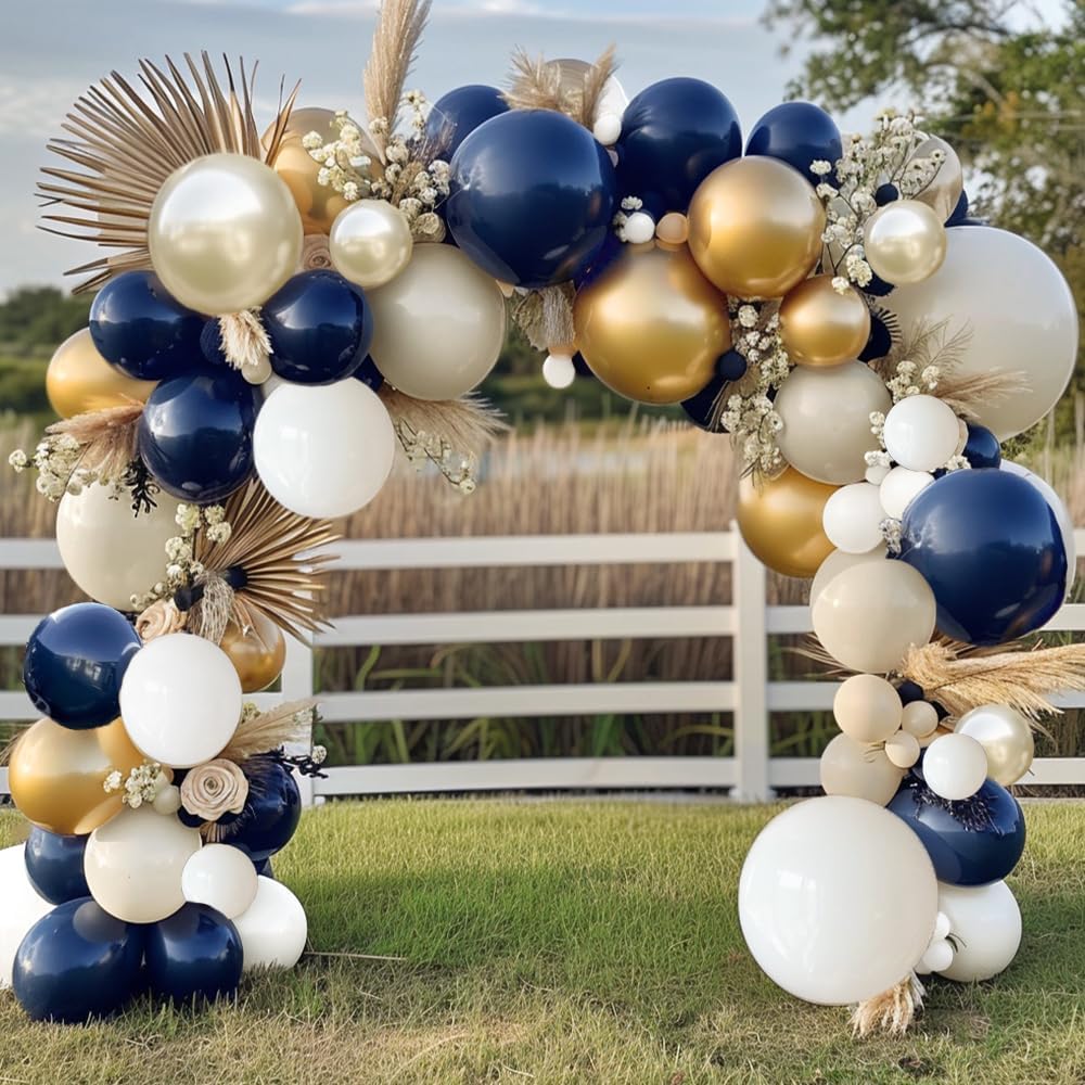 Navy Blue White Balloons Double Stuffed Balloons 18/12/10/5 inch Royal Blue Gold Pearl White Sand Dark Blue Cream Balloon Arch Garland Kit for Anniversary Wedding Graduation Birthday Party Decorations