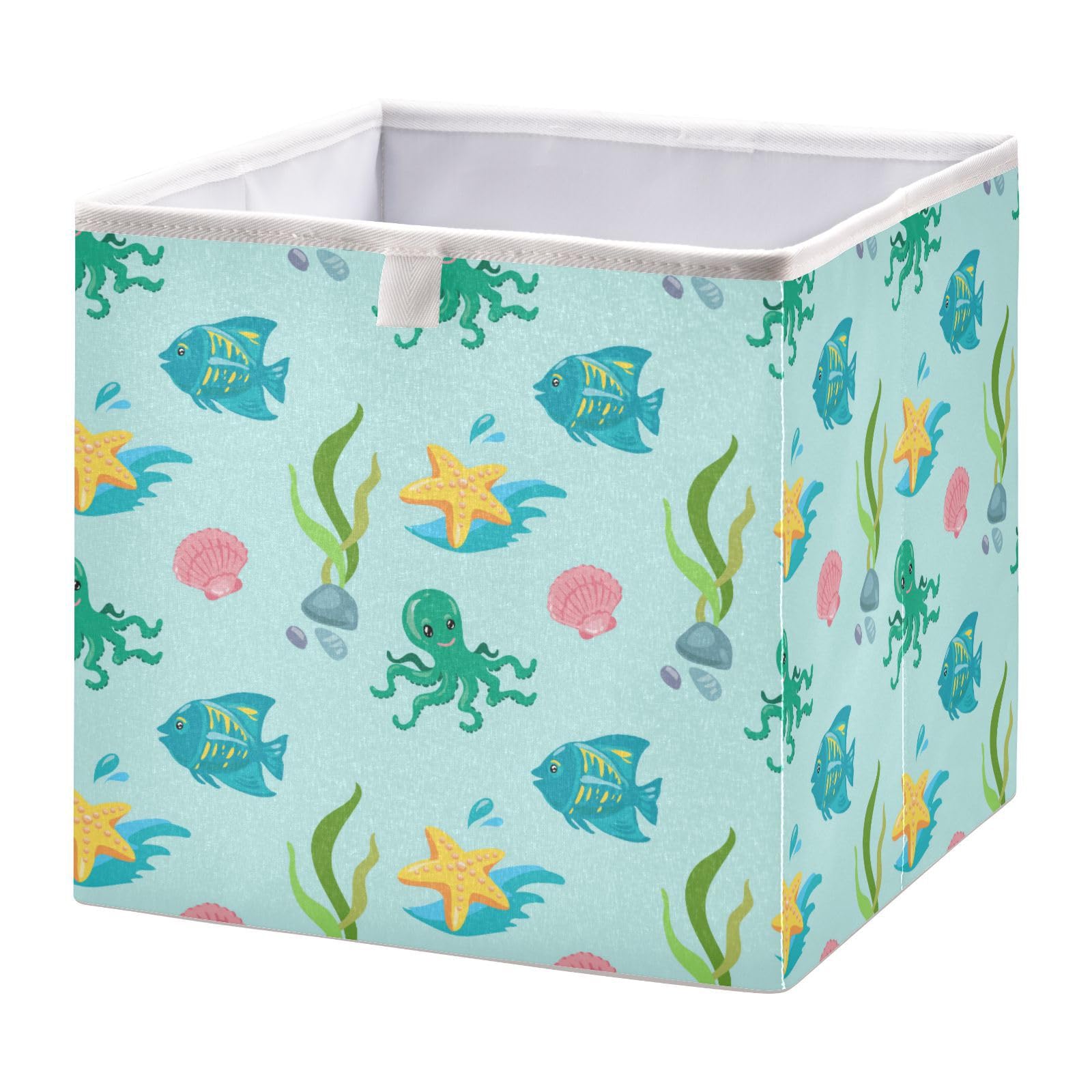 Qilmy Sea Life Fish Rectangle Storage Bin Large Foldable Storage Basket for Shelves, Closets, Laundry, Nursery, Home Decor, 15.8 x 10.6 x 7 Inch