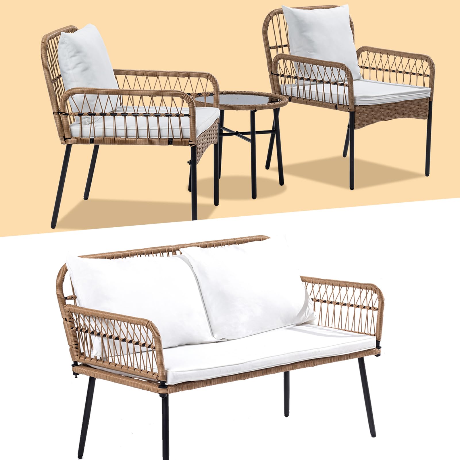 Outdoor Patio Furniture , All-Weather Wicker Rattan Woven Furniture Boho Small Sofa or Garden Chair Set for Porch, Balcony, Lawn and Terrace 2-Seat Patio Couch or 3-Piece Bistro Set Random Delivery