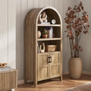 mopio Lauren 65.4" Short Arched Cabinet, 5-Tier Arched Bookcase with Doors and Shelves, Mini Arched Bookshelf with Storage, Kitchen Pantry Cabinet, Wooden Storage Cabinet for Living Room (Oak)