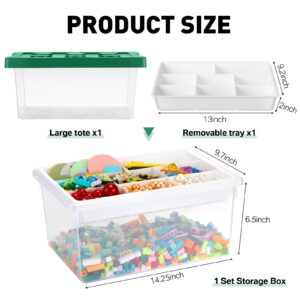 Leinuosen 32 QT Plastic Storage Box with Removable Tray Craft Organizer and Storage Clear Bins with Lids Art Supply Container for Kids Organizing Building Bricks Toys Bead Tool Sewing (Green)