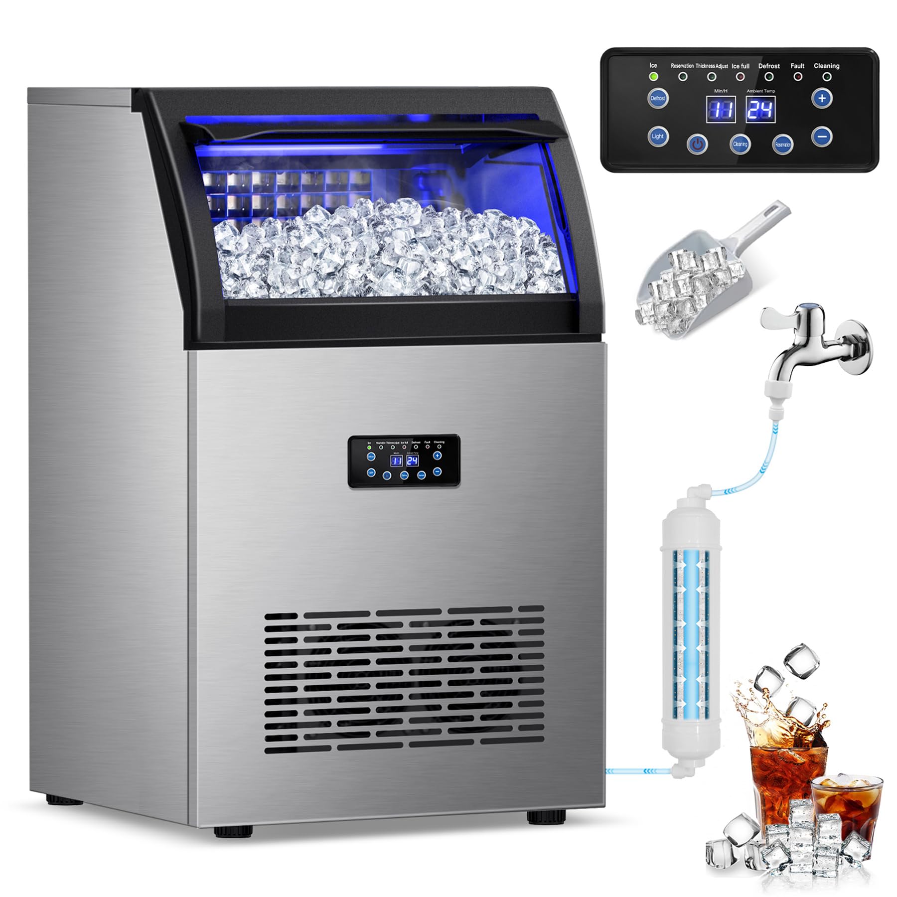 RAPSUAR Commercial Ice Maker Machine, 150Lbs/24H with 45Lbs Large Ice Capacity, 55Pcs Clear Ice Cubes Ready in 8-15Mins, Freestanding Stainless Steel Ice Making Machine for Home Party Bar