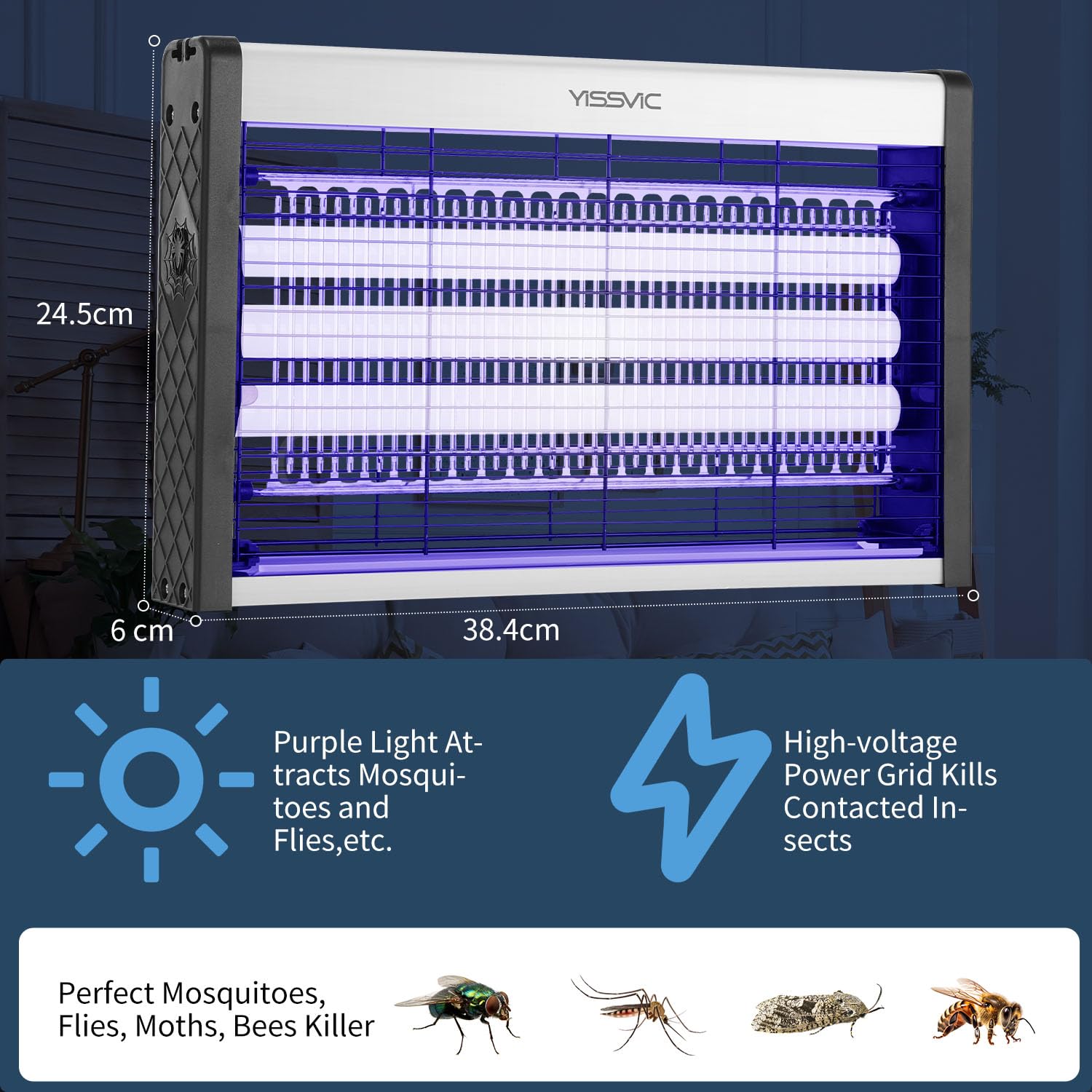 YISSVIC LED Bug Zapper Indoor,4000V Electric Bug Zapper, Powerful Mosquito Zapper,LED Fly Zapper Indoor, Mosquito Killer with 3 Lamps 4.9ft Power Cord for Home Office Restaurant