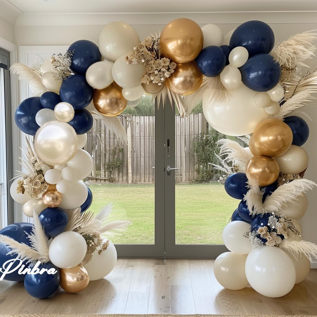 Navy Blue White Balloons Double Stuffed Balloons 18/12/10/5 inch Royal Blue Gold Pearl White Sand Dark Blue Cream Balloon Arch Garland Kit for Anniversary Wedding Graduation Birthday Party Decorations