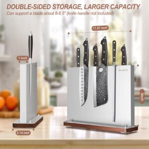 Magnetic Knife Holder Knife Block: Stainless Steel Knife Block Without Knives, Double Sided Magnetic Knife Holder Rack for Kitchen Counter, Knife Magnet Storage Stand With Wood Base-Silver