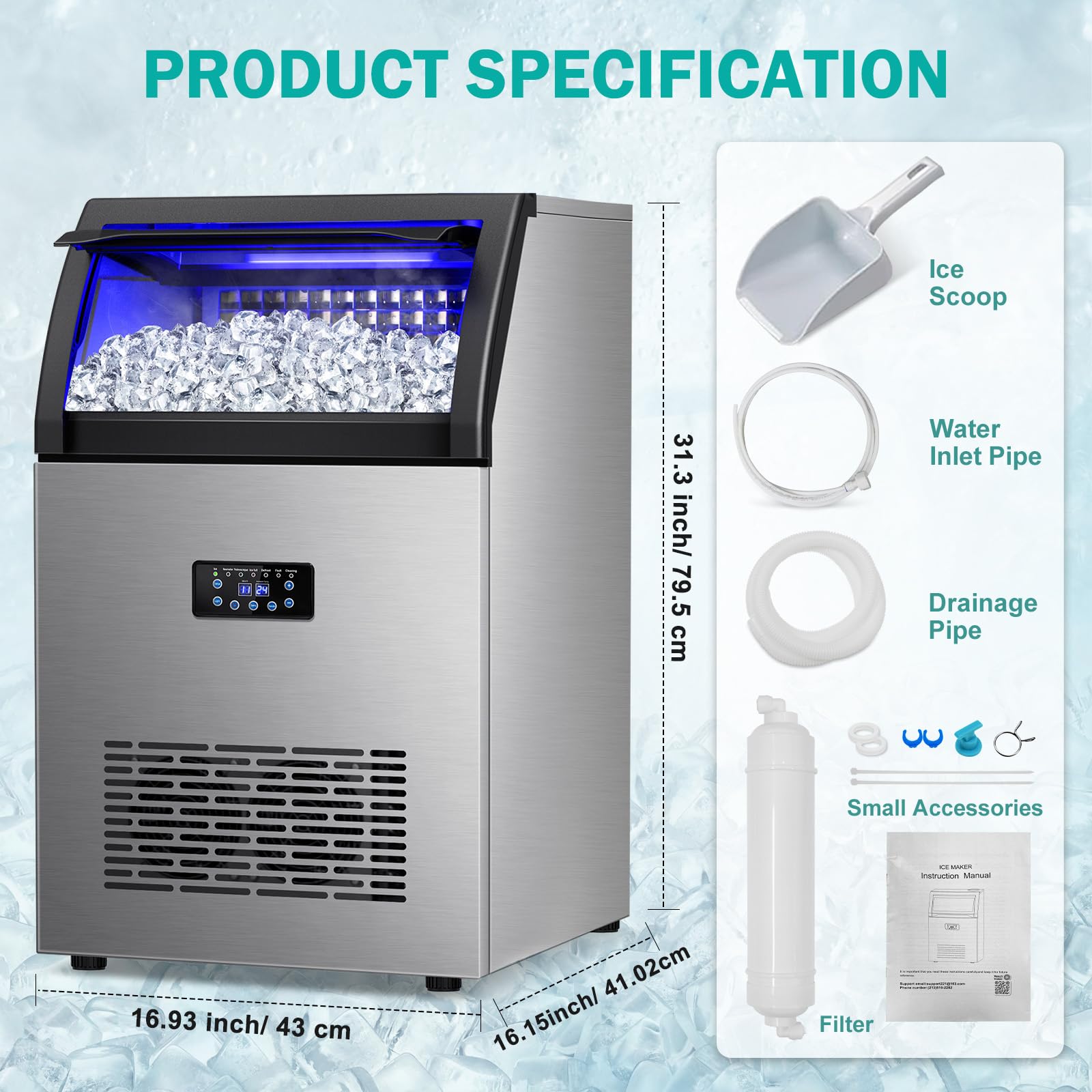 RAPSUAR Commercial Ice Maker Machine, 150Lbs/24H with 45Lbs Large Ice Capacity, 55Pcs Clear Ice Cubes Ready in 8-15Mins, Freestanding Stainless Steel Ice Making Machine for Home Party Bar