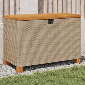 vidaXL Patio Storage Box with Lid Outdoor Cushion Bench Seat Beige PE Poly Rattan Acacia Wood – 31.5"x15.7"x18.9"