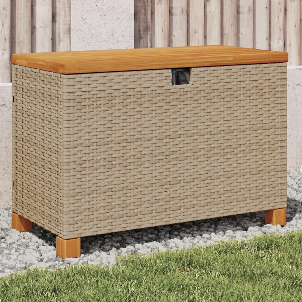 vidaXL Patio Storage Box with Lid Outdoor Cushion Bench Seat Beige PE Poly Rattan Acacia Wood – 31.5"x15.7"x18.9"