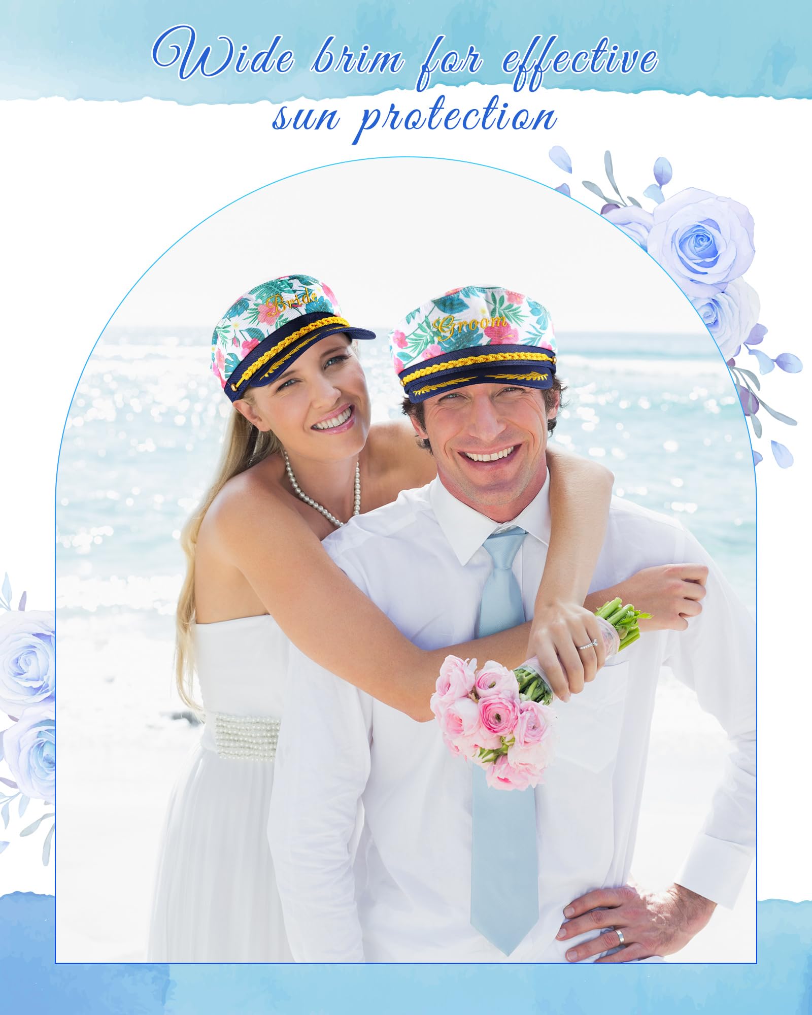 Skicuff 2 Pcs Bride Groom Captain's Hats for Bachelorette, Bridal Shower and Wedding Party