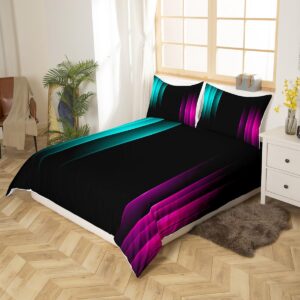 Feelyou Purple Teal and Black Geometric Ombre Duvet Cover Full Size Boys Girls Abstract Striped Bedding Set for Kids Women Men Ultra Soft Lightning Flash Comforter Cover Set Bedspread Cover Room Decor