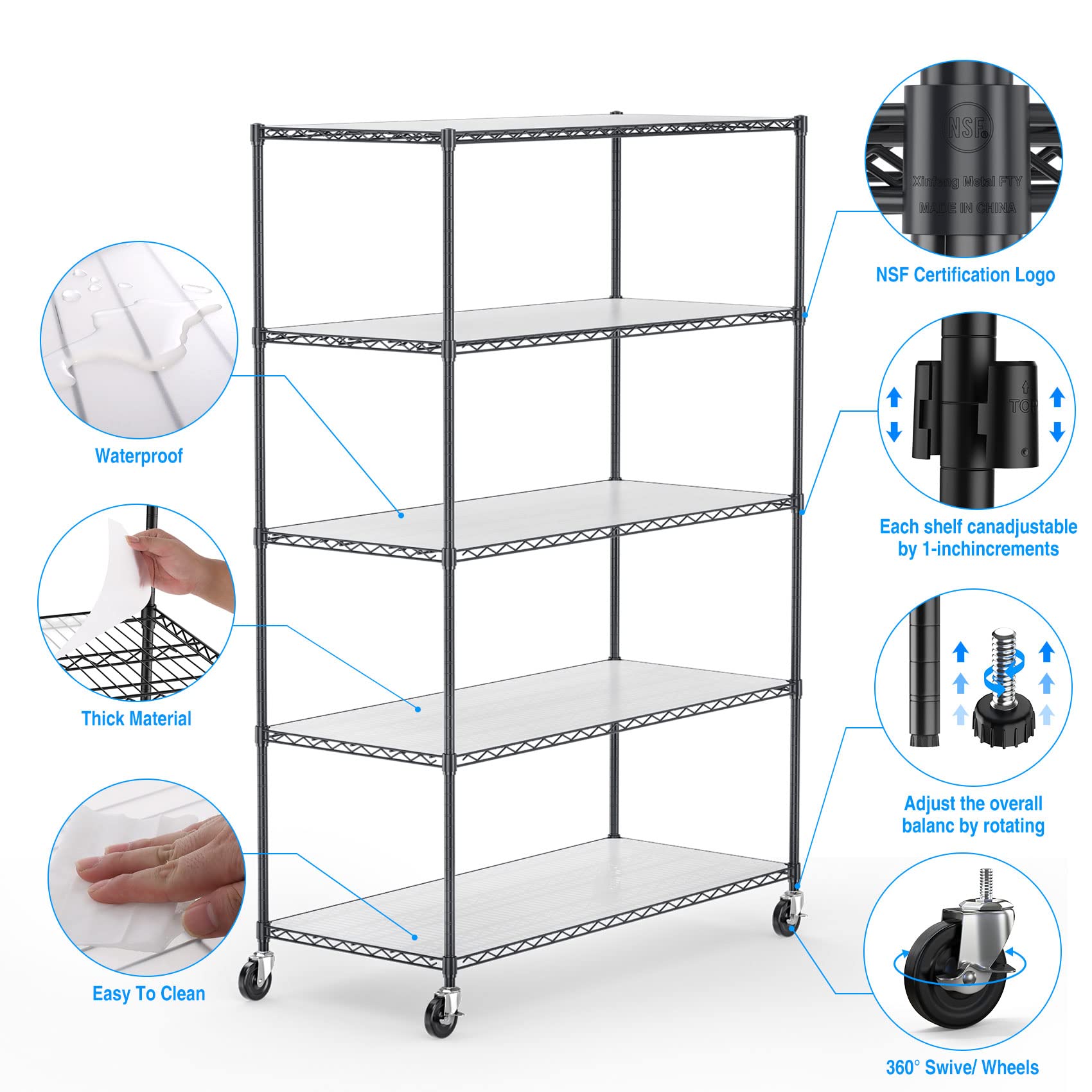 5 Tier NSF Metal Shelf Wire Shelving Unit, Heavy Duty Adjustable Storage Rack with Wheels & Shelf Liners, Black - 82" H x 48" L x 24" D 6000lbs Capacity