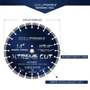 RHAPSODY 14 Inch Diamond Concrete Saw Blade, Segmented General Purpose Blade Dry/Wet Cutting Concrete, Reinforced Concrete, Masonry, Brick, Block,1"-20mm Arbor