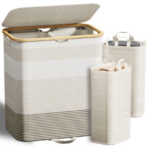 double laundry hamper with lid and removable bags, 150l large collapsible 2 dividers dirty clothes basket with handles, beige laundry basket organizer for bedroom,laundry room,closet,bathroom,college