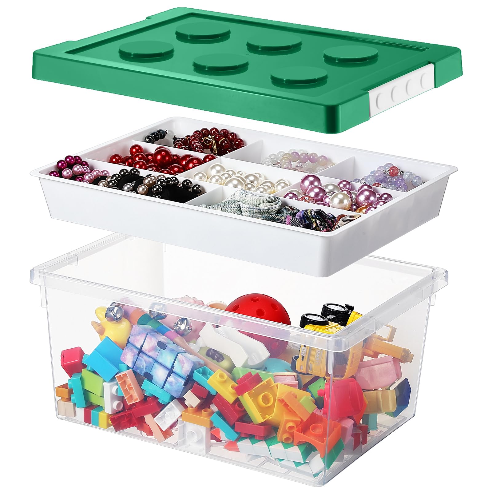 Leinuosen 32 QT Plastic Storage Box with Removable Tray Craft Organizer and Storage Clear Bins with Lids Art Supply Container for Kids Organizing Building Bricks Toys Bead Tool Sewing (Green)