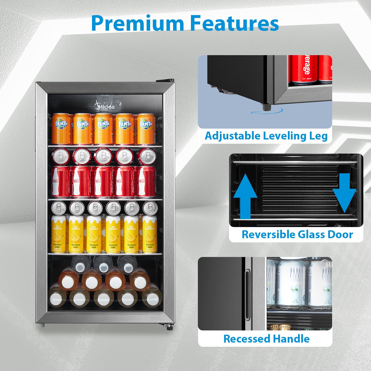 Midea MERV115T3AST 115 Cans Beverage Refrigerator with Adjustable Temperature, Removable Glass Shelf, LED Light, Silver