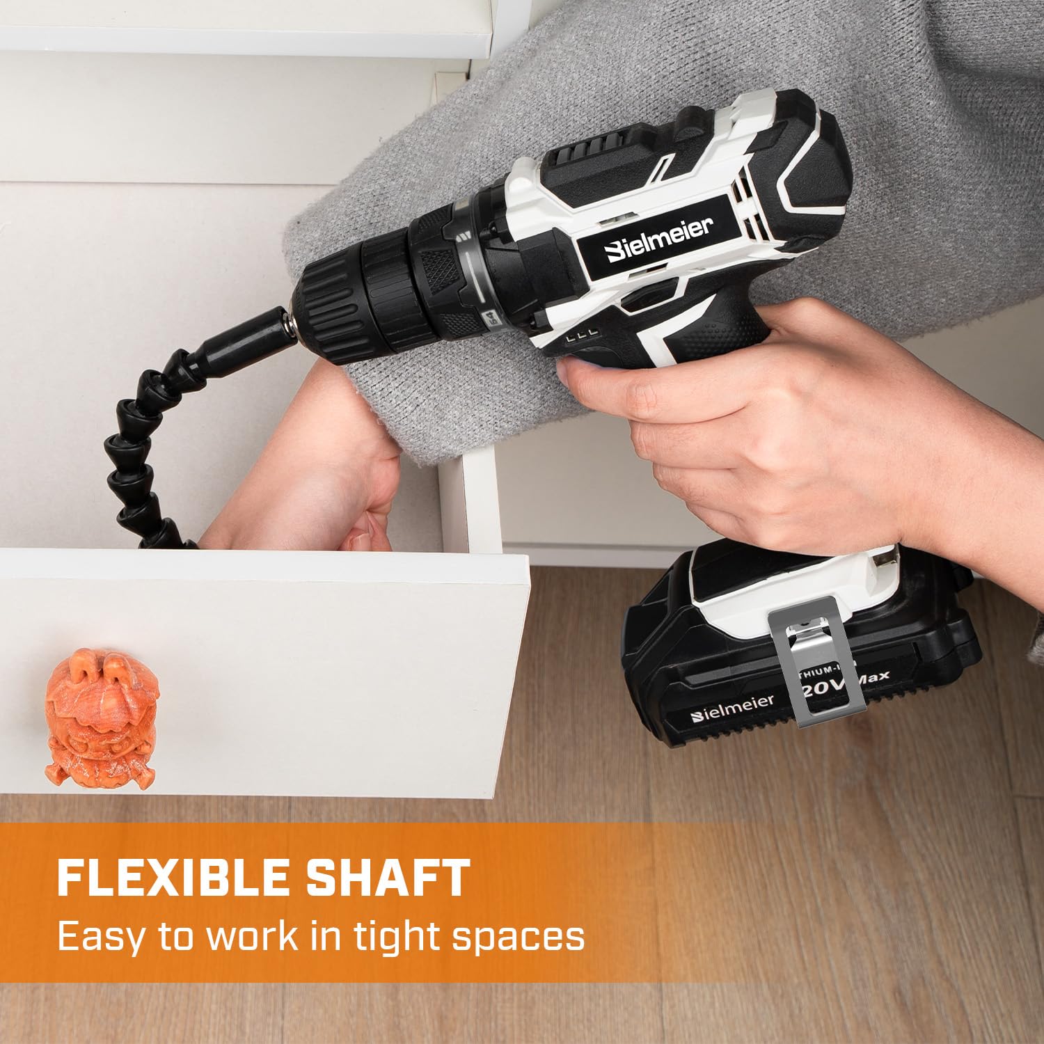 Bielmeier 20V MAX Cordless Electric Drill Set with LED Light - Electric Drill, Variable Speed, 64+1 Position, 3/8" Keyless Chuck, Flex Shaft, 28pcs Drill Bits, Battery & Charger Included