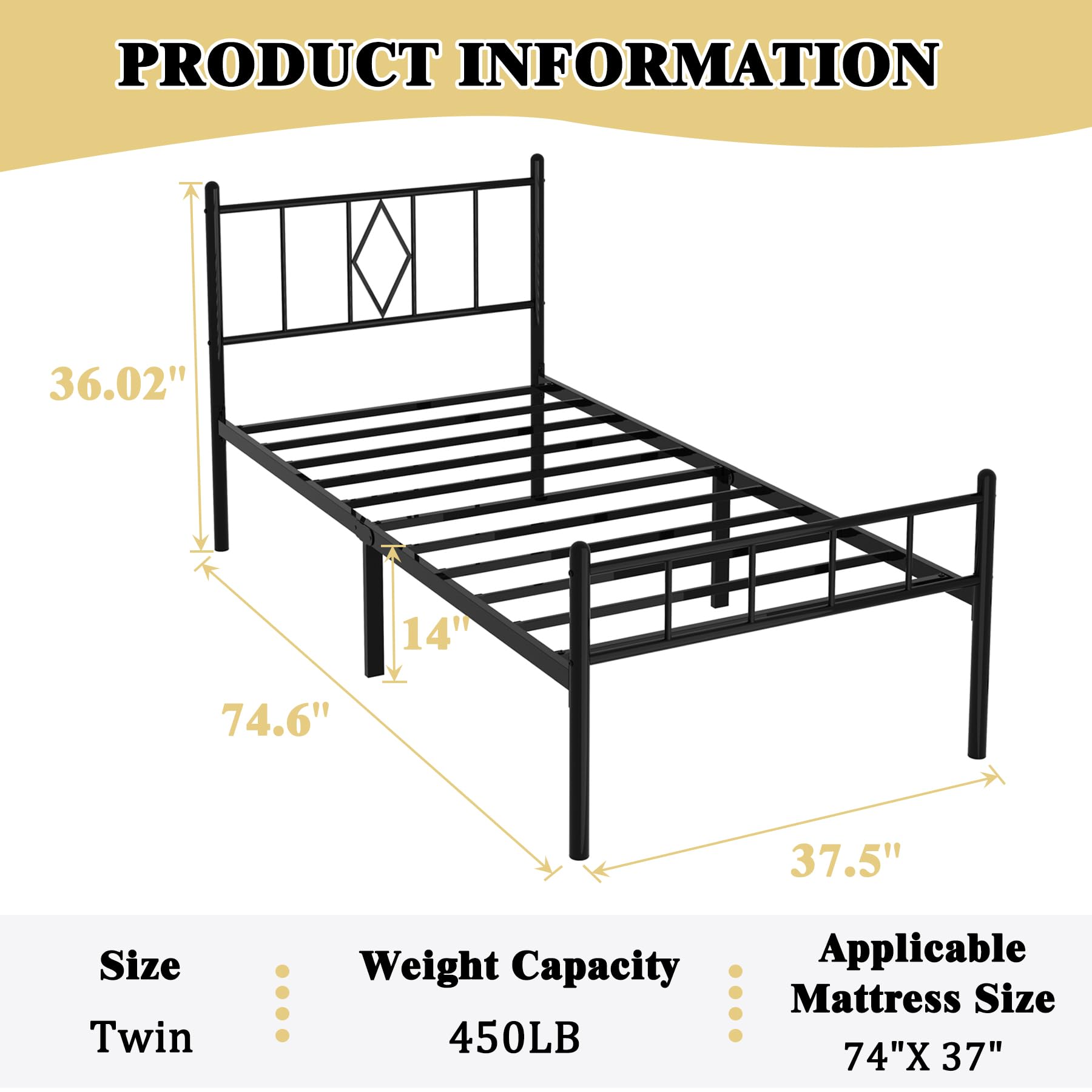 ZINUCOZY 14 in Twin Bed Frame with Headboard and Footboard No Box Spring Needed Heavy Duty Platform 450 lbs Noise Free Easy to Assemble Bed Frame Twin Size Non-Slip Black Twin Metal Frame