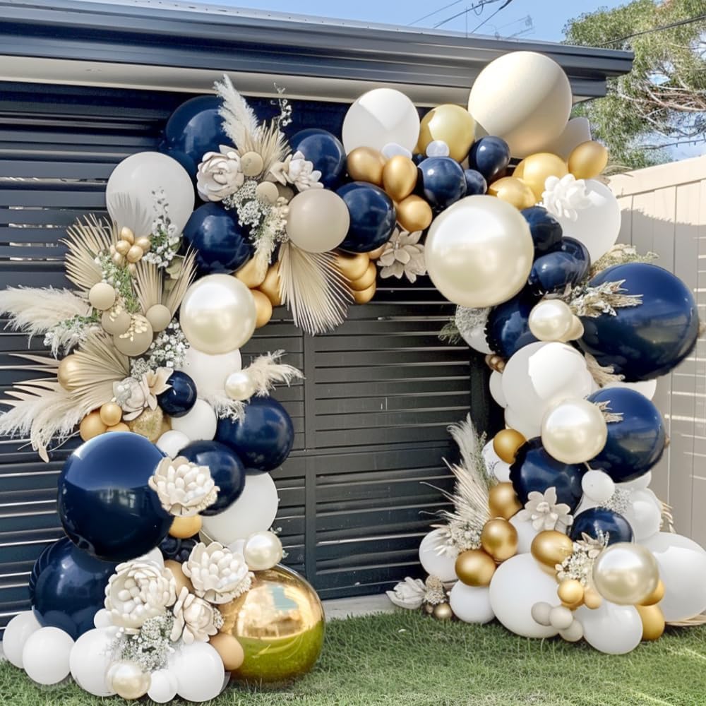 Navy Blue White Balloons Double Stuffed Balloons 18/12/10/5 inch Royal Blue Gold Pearl White Sand Dark Blue Cream Balloon Arch Garland Kit for Anniversary Wedding Graduation Birthday Party Decorations