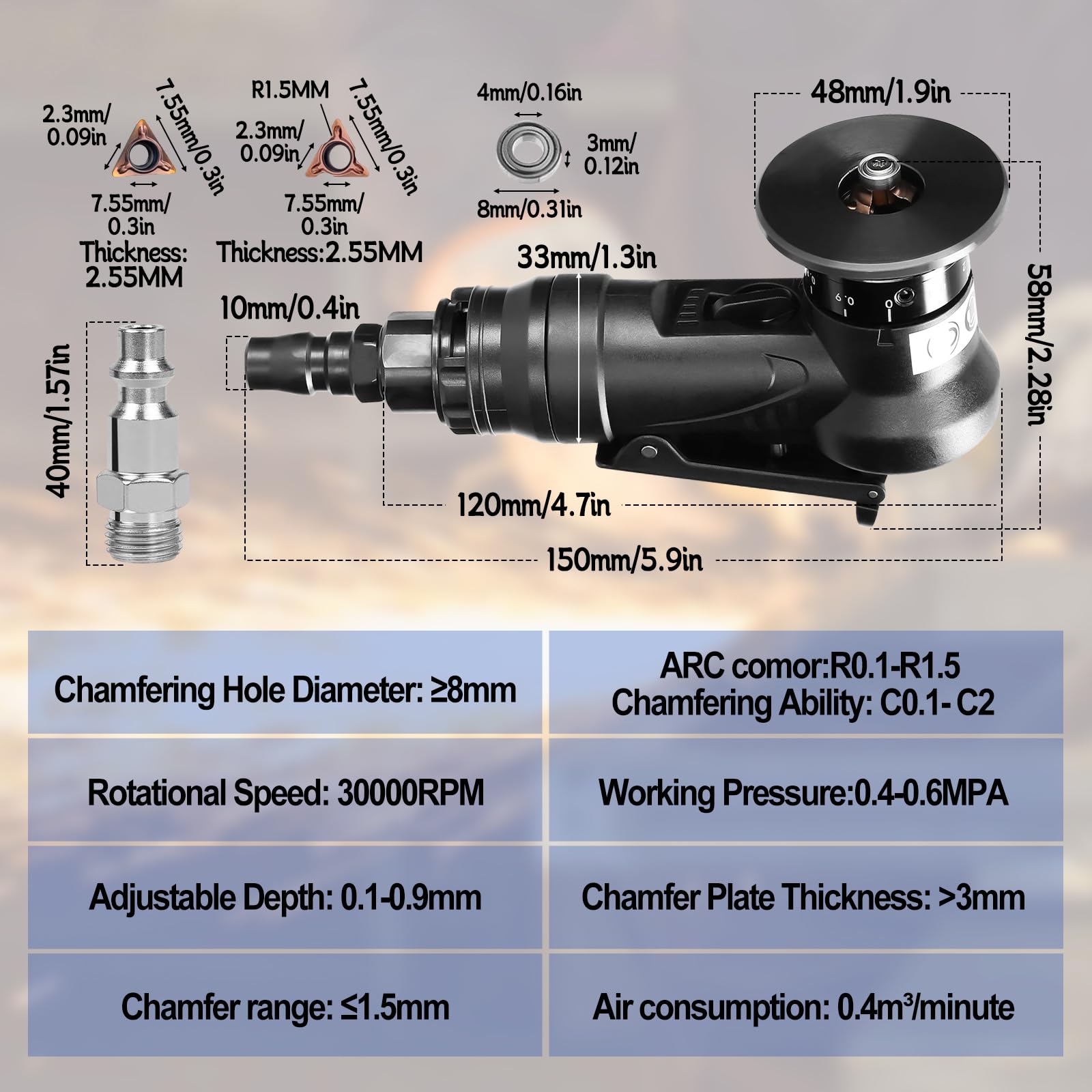 HSOKEW Mini Chamfering Machine, Handheld Air Beveling Machine Pneumatic Tool Air Beveling Edge Beveler for Metal Trimming Arc Corner Deburring Linear Beveling Trimming (Black,6*R+ 6*C blade+4*bearing)