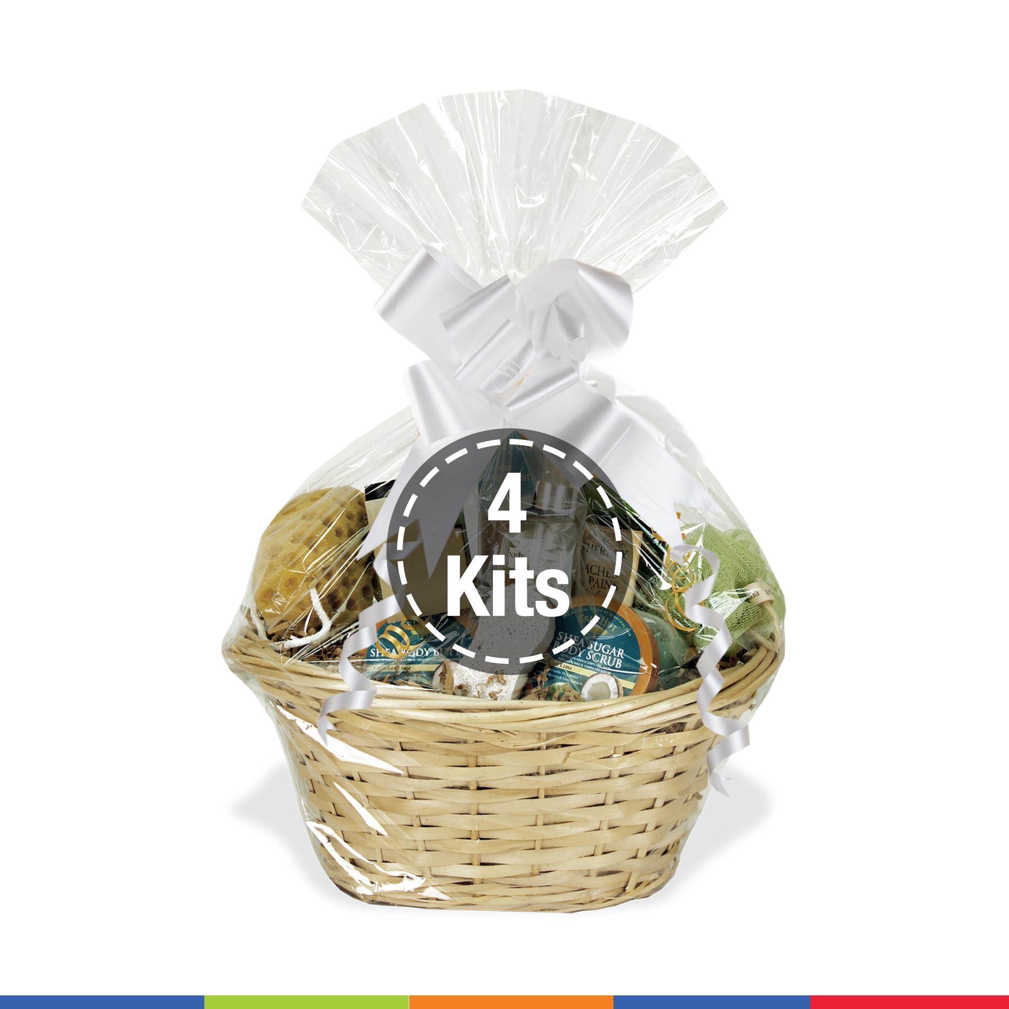 FRILLZ Cellophane Gift Basket Supply Kit, Includes 4 Clear Basket Bags, 4 Easy-pull Bows,4 gift tags and 24 adhesive dots. Create 4 elegant gift baskets with this kit.