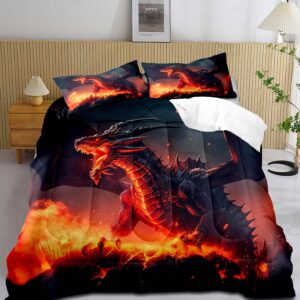 luvivihome 3pcs fire dragon comforter set full size, kids teens boys comforter, black red dragon bedding, cool fantasy dragon bedroom decor, dragon gifts for men, soft microfiber quilt, 2 pillow shams