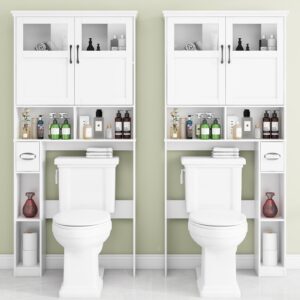 Vabches Over The Toilet Storage Cabinet, Storage Cabinet Over Toilet with Double Doors & Toilet Paper Holder Stand, Freestanding Toilet Shelf Space Saver with Anti-Tip Design & Adjustable Shelf, White