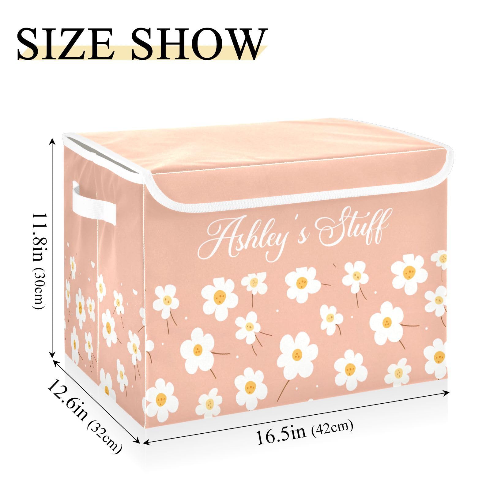 Sinestour Pink Flowers Custom Storage Bins with Lid Foldable Personalized Name Storage Basket Box with Handle Shelf Basket Closet Organizer for Clothes Office