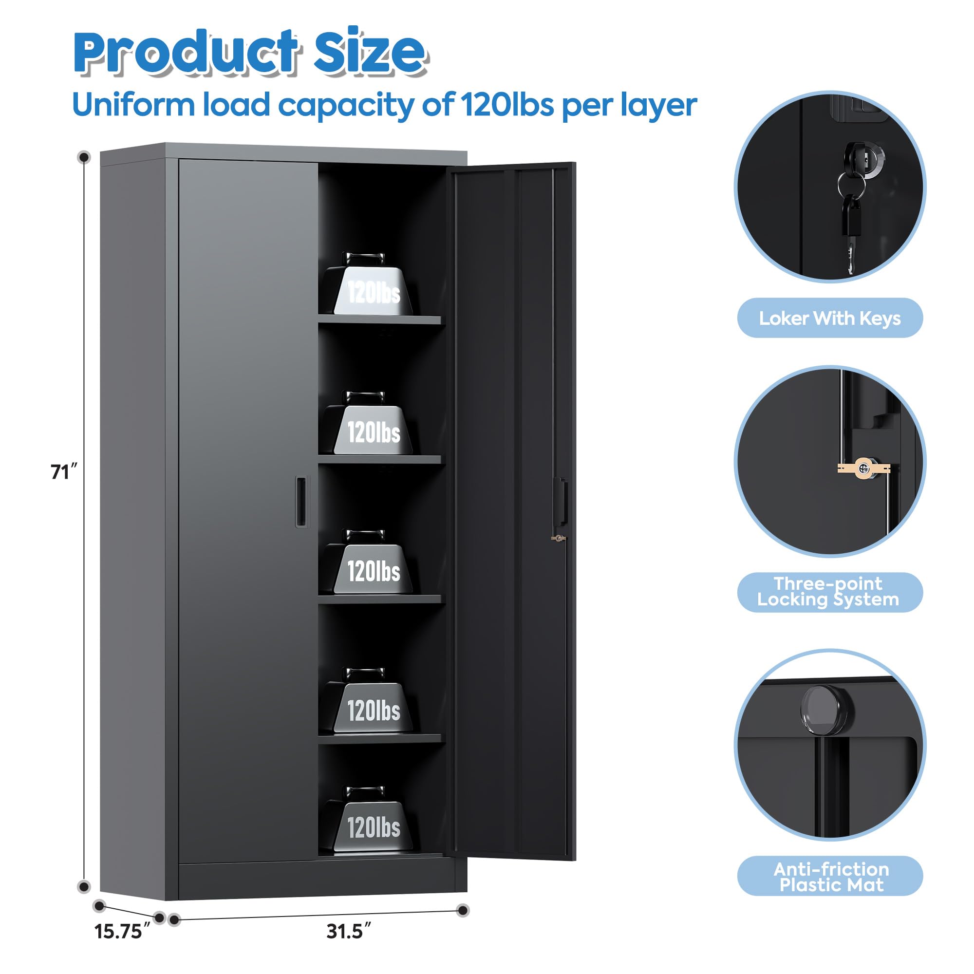 winbingon 71" Locking File Cabinet,Metal Storage Cabinet with 2 Doors and 4 Adjustable Shelves,Locking Tool Cabinet for Office,Home,Garage,Gym,School (Black),Requires Installation