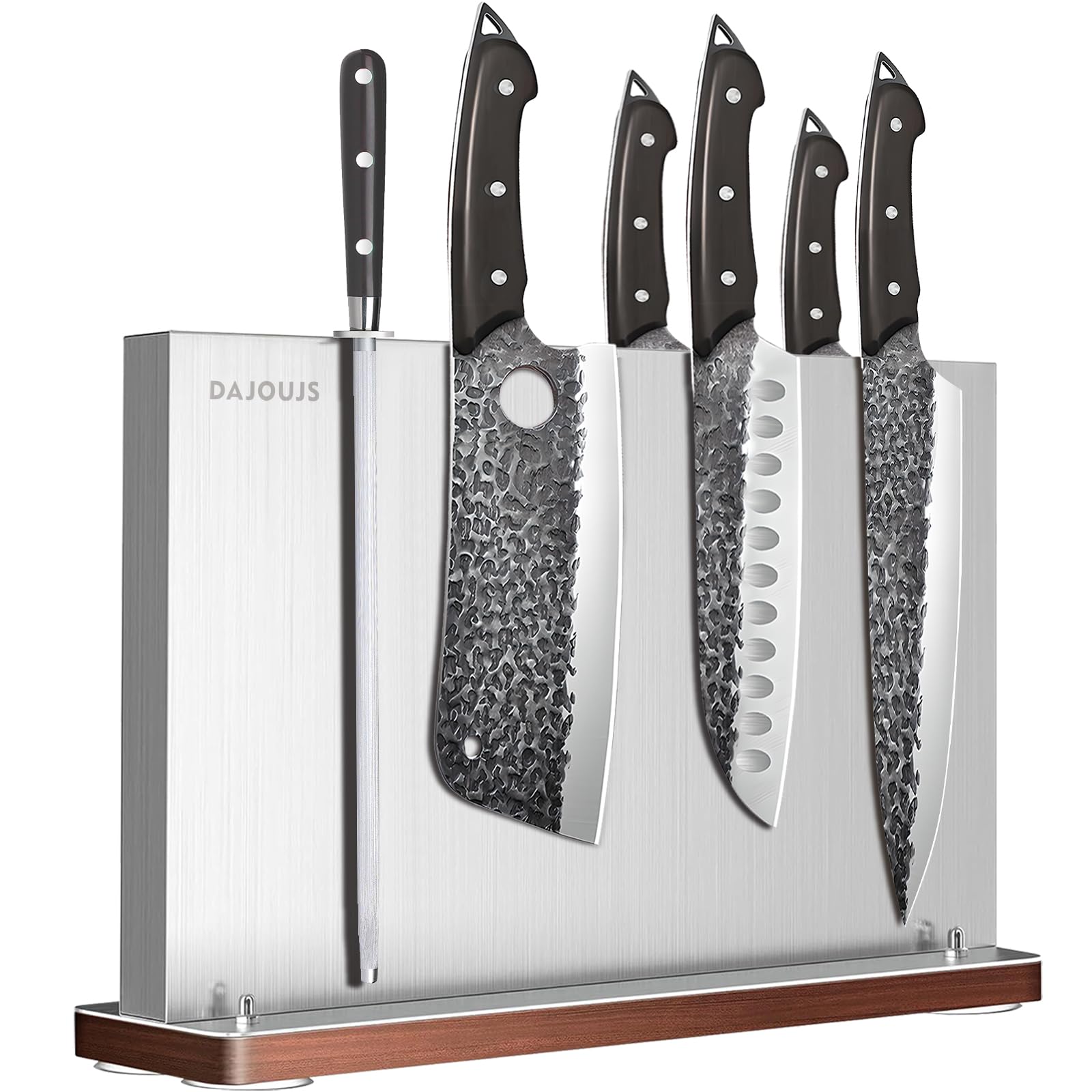 Magnetic Knife Holder Knife Block: Stainless Steel Knife Block Without Knives, Double Sided Magnetic Knife Holder Rack for Kitchen Counter, Knife Magnet Storage Stand With Wood Base-Silver