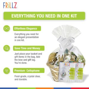 FRILLZ Cellophane Gift Basket Supply Kit, Includes 4 Clear Basket Bags, 4 Easy-pull Bows,4 gift tags and 24 adhesive dots. Create 4 elegant gift baskets with this kit.