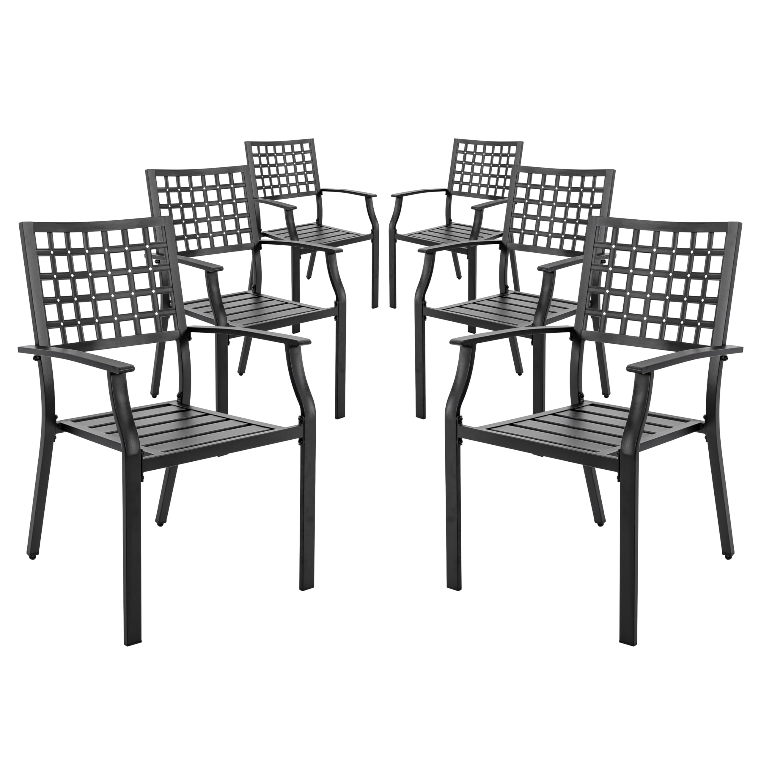 NUU GARDEN Patio Dining Chairs Set of 6, 300Lbs Stackable Outdoor Dining Chairs with Armrest, Wrought Iron Metal Chairs Patio Chairs for Backyard Lawn, Deck, Poolside, Porch, Bistro, Black