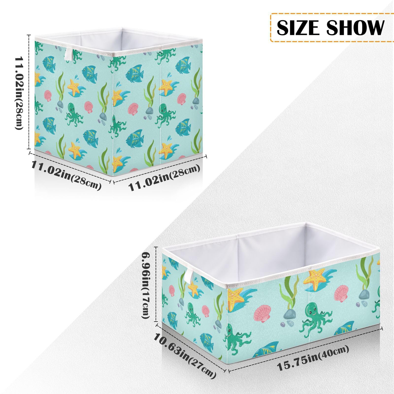 Qilmy Sea Life Fish Rectangle Storage Bin Large Foldable Storage Basket for Shelves, Closets, Laundry, Nursery, Home Decor, 15.8 x 10.6 x 7 Inch