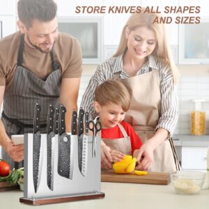 Magnetic Knife Holder Knife Block: Stainless Steel Knife Block Without Knives, Double Sided Magnetic Knife Holder Rack for Kitchen Counter, Knife Magnet Storage Stand With Wood Base-Silver