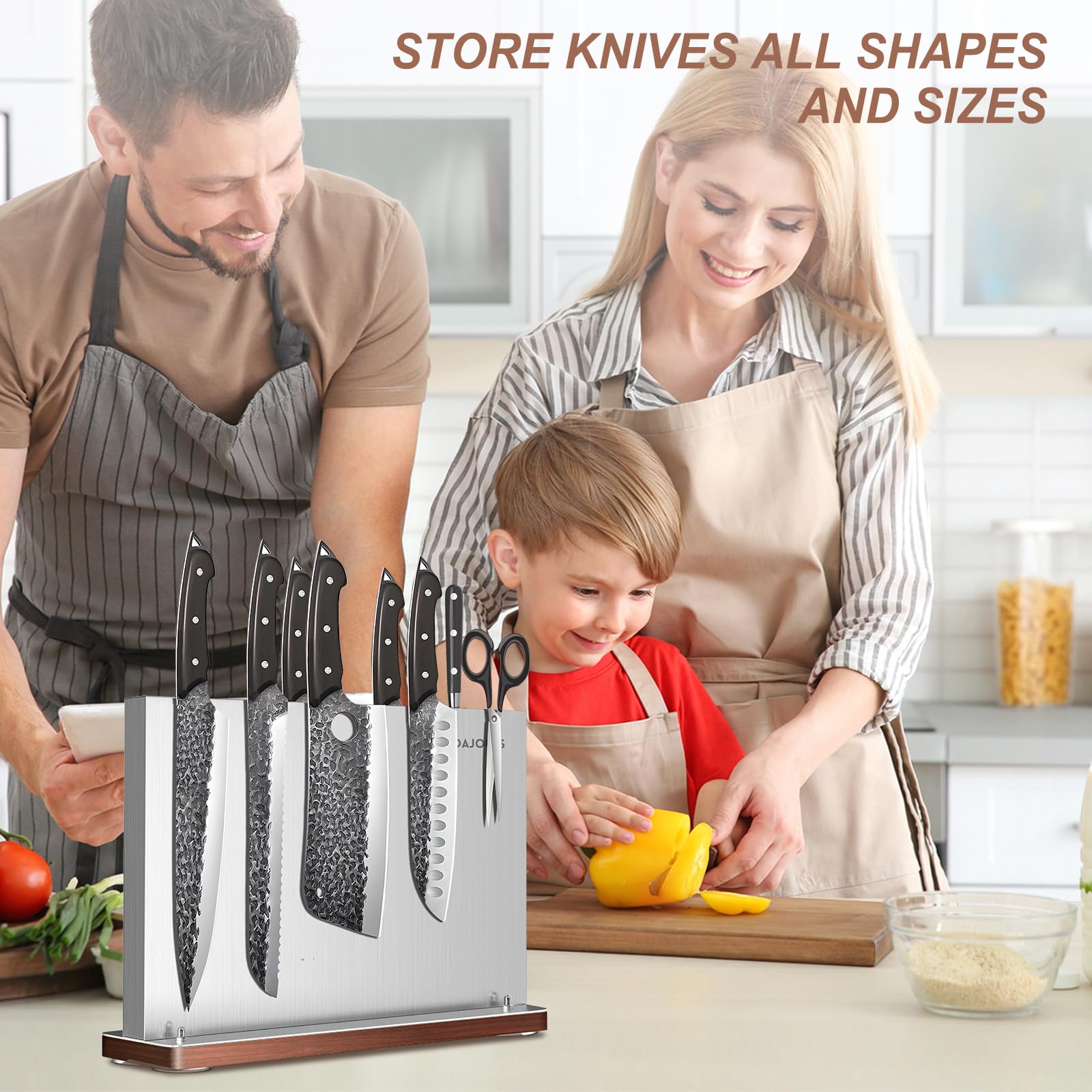 Magnetic Knife Holder Knife Block: Stainless Steel Knife Block Without Knives, Double Sided Magnetic Knife Holder Rack for Kitchen Counter, Knife Magnet Storage Stand With Wood Base-Silver