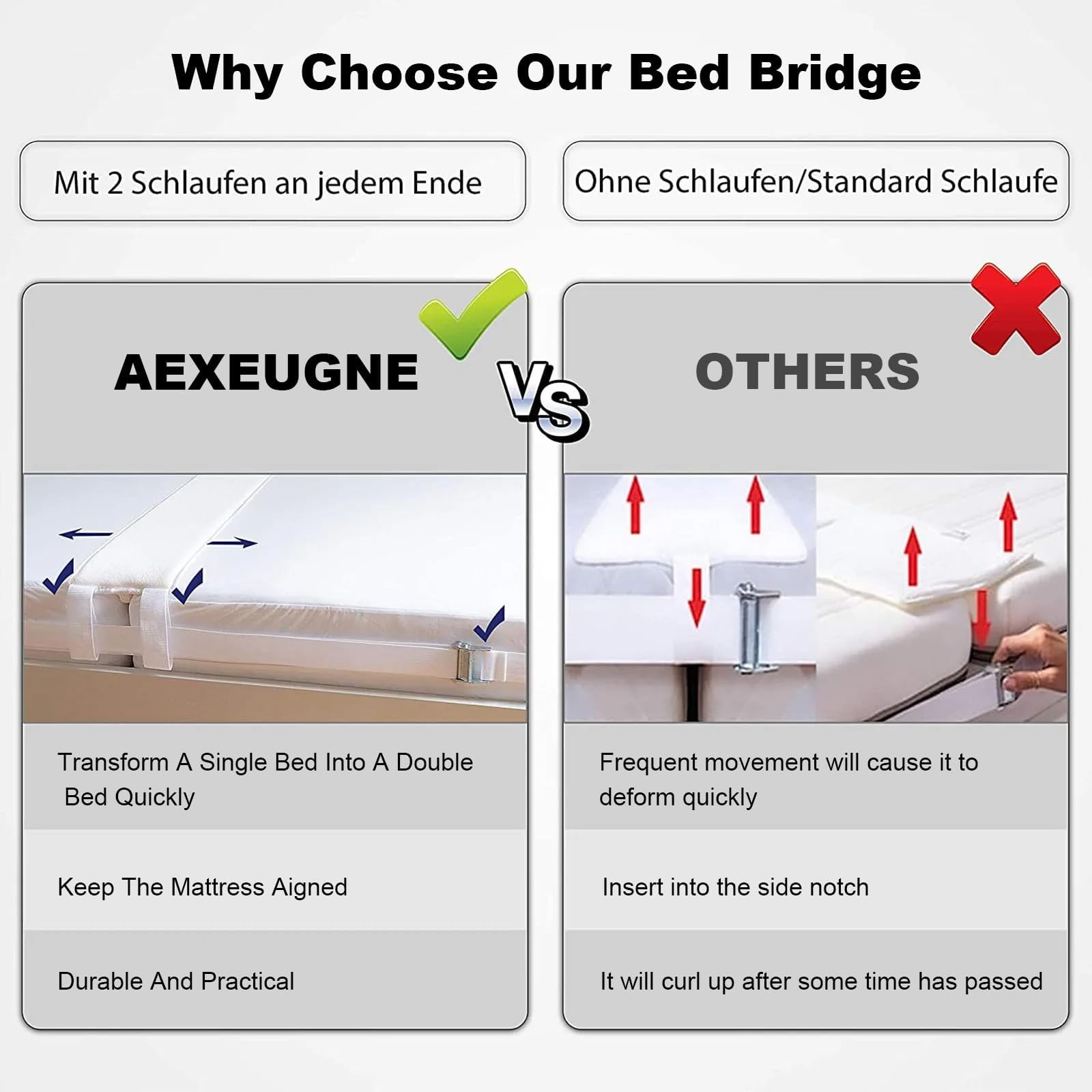 Aexeugne Bed Bridge, Convert Twin Beds into a King Size Bed, Fills The Gap Between Beds, Twin to King Bed Converter, Bed Gap Filler, Adjustable Bed Bridge Mattress Connector with Strap