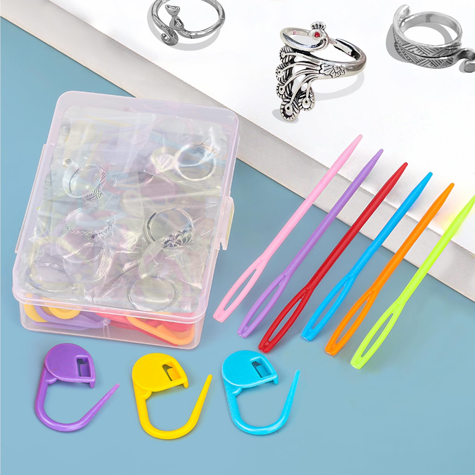 GYSYELL 8 Pcs Crochet Ring with 30 Stitch Markers and 6 pcs Large Eye Plastic Sewing Needles,Crochet Ring for Finger with Storage Box,Crochet Tension Ring for DIY Crocheting and Sewing Crafts