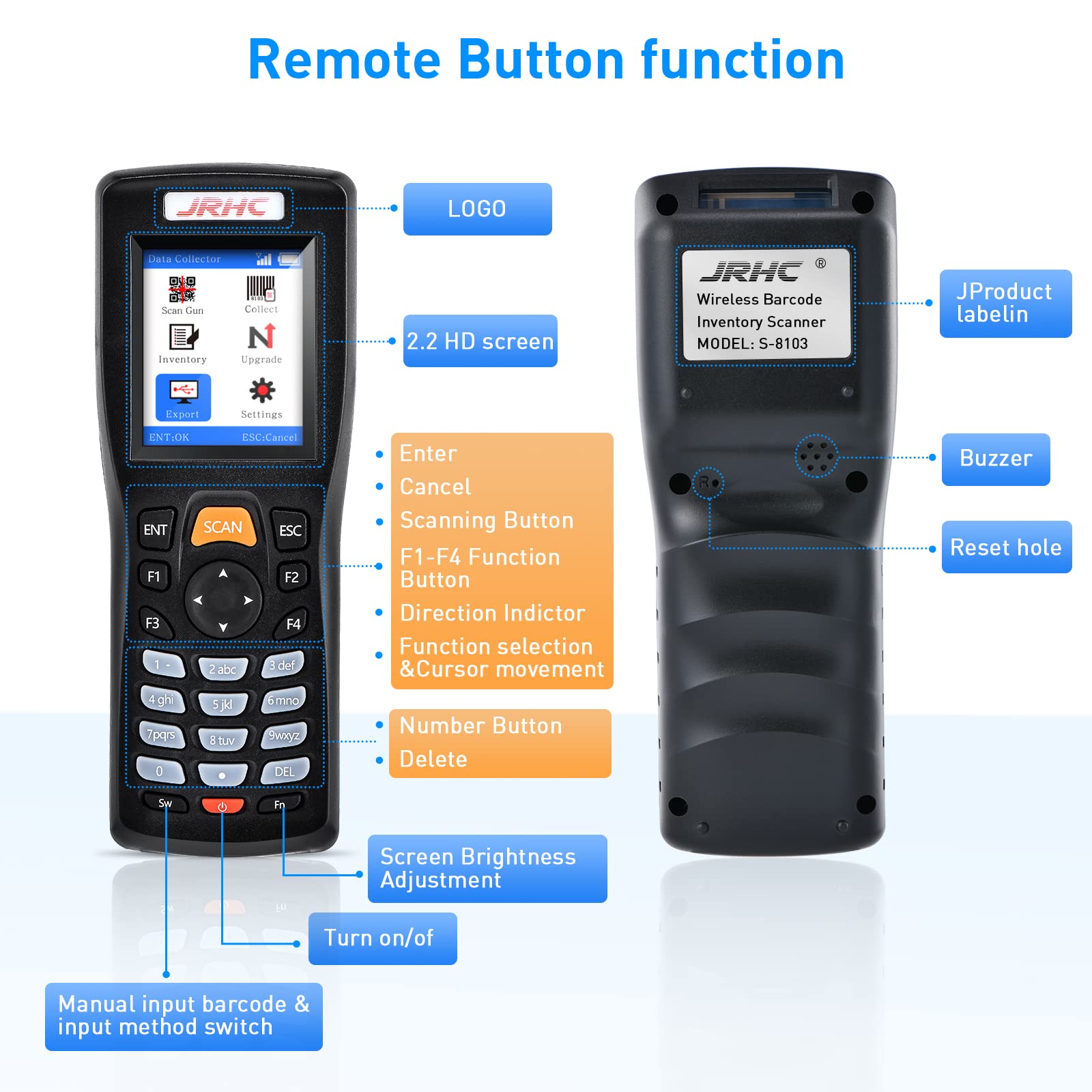 JRHC Wireless Barcode Scanner, 2D Barcode Scanner Inventory 1D & PDF417 Data Collector Portable Data Terminal Inventory Device with 2.4G Wireless & USB Wired Connection Qr Code Scanner