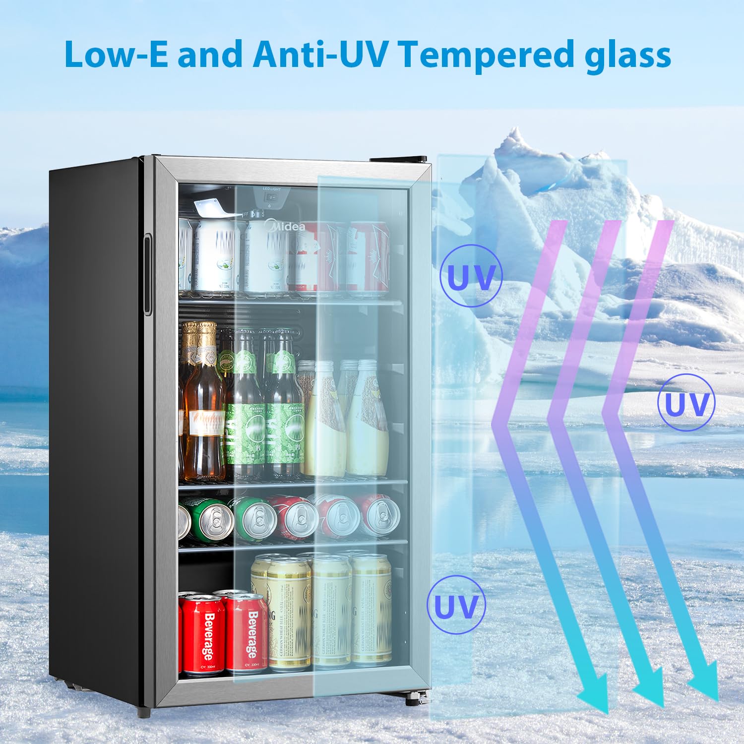 Midea MERV115T3AST 115 Cans Beverage Refrigerator with Adjustable Temperature, Removable Glass Shelf, LED Light, Silver