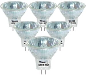 vinaco mr11 gu4 halogen bulb, 6 pack long lasting mr11 12v 20w，mr11 gz4 dimmable with 2800k warm white, mr11 bulb with gu4 base, mr11 halogen bulb for landscape, accent, track lights & fiber optics