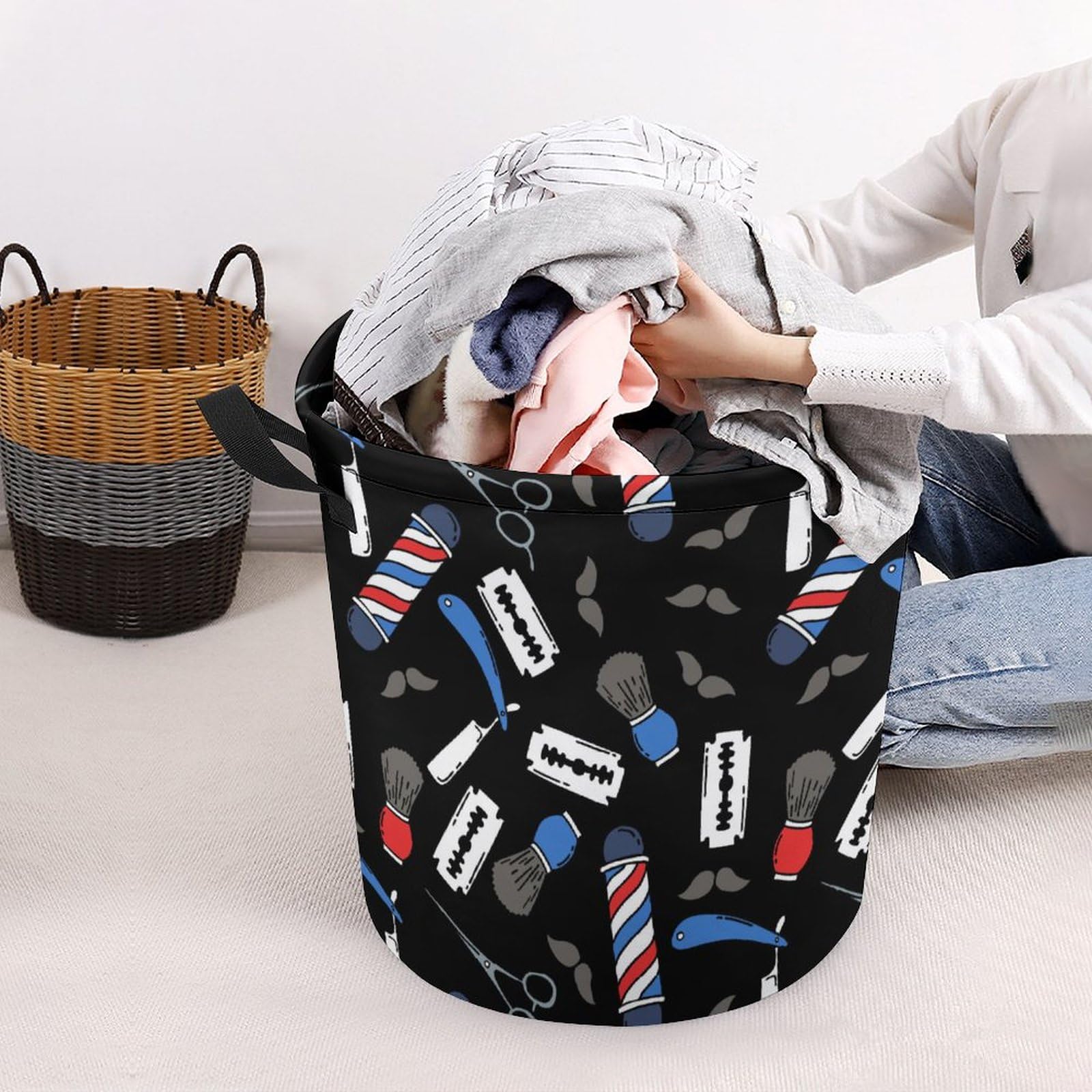 TsyTma Barbershop Laundry Basket Brush Razor Small Laundry Hamper Collapsible Clothes Hamper with Handles Round Toy Organizer Bin for Kid's Room Office Nursery Hamper Home Decor