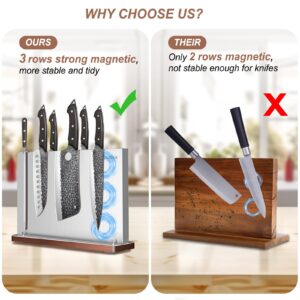 Magnetic Knife Holder Knife Block: Stainless Steel Knife Block Without Knives, Double Sided Magnetic Knife Holder Rack for Kitchen Counter, Knife Magnet Storage Stand With Wood Base-Silver