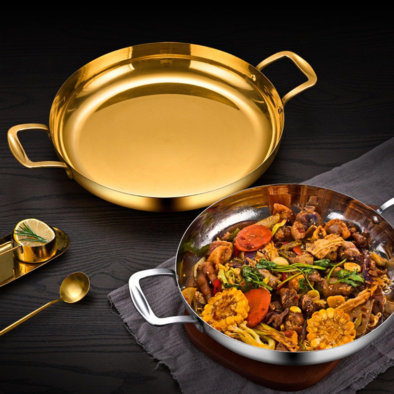 GFHVDC Paella Pan Gold Stainless Steel Skillet Pan Large Skillet,Griddle,Large Saute Pan with Lid,Jumbo Cooker,Induction Pan,Dishwasher and Oven Safe For Home Cooking,Gold,36CM