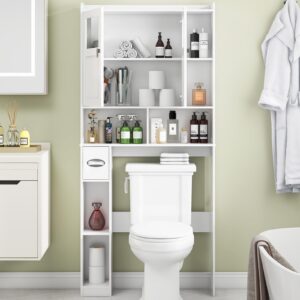 Vabches Over The Toilet Storage Cabinet, Bathroom Shelf Over Toilet with Glass Doors and Adjustable Shelves, White Freestanding Home Space Save Toilet Rack, for Restroom, Bathroom, Laundry