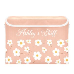 Sinestour Pink Flowers Custom Storage Bins with Lid Foldable Personalized Name Storage Basket Box with Handle Shelf Basket Closet Organizer for Clothes Office