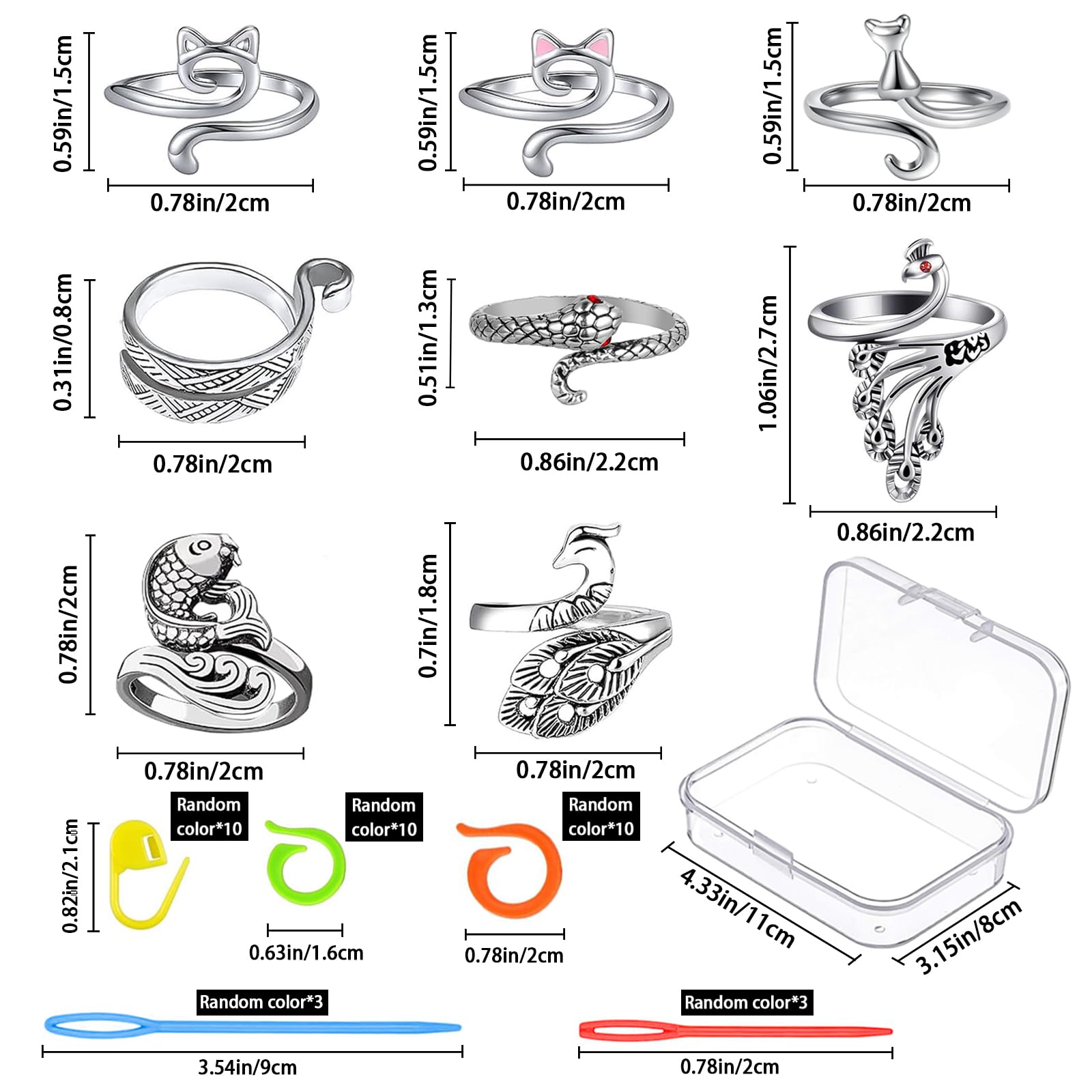 GYSYELL 8 Pcs Crochet Ring with 30 Stitch Markers and 6 pcs Large Eye Plastic Sewing Needles,Crochet Ring for Finger with Storage Box,Crochet Tension Ring for DIY Crocheting and Sewing Crafts