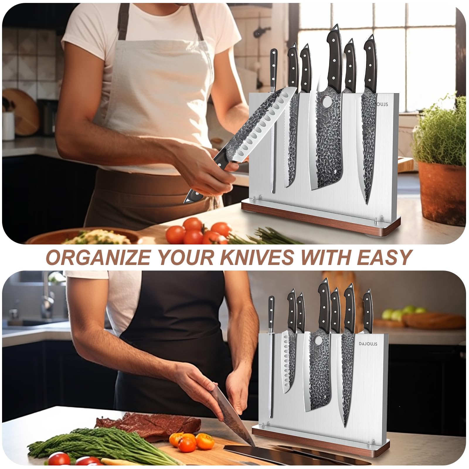 Magnetic Knife Holder Knife Block: Stainless Steel Knife Block Without Knives, Double Sided Magnetic Knife Holder Rack for Kitchen Counter, Knife Magnet Storage Stand With Wood Base-Silver