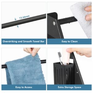 Towel Bar for Bathroom Wall,Stretchable 16.1-29.5 inchs Towel Rack,Metal Towel Holder with 2 Storage Basket and 9 Hooks, Black Towel Hanger for Bathroom Kitchen Camper