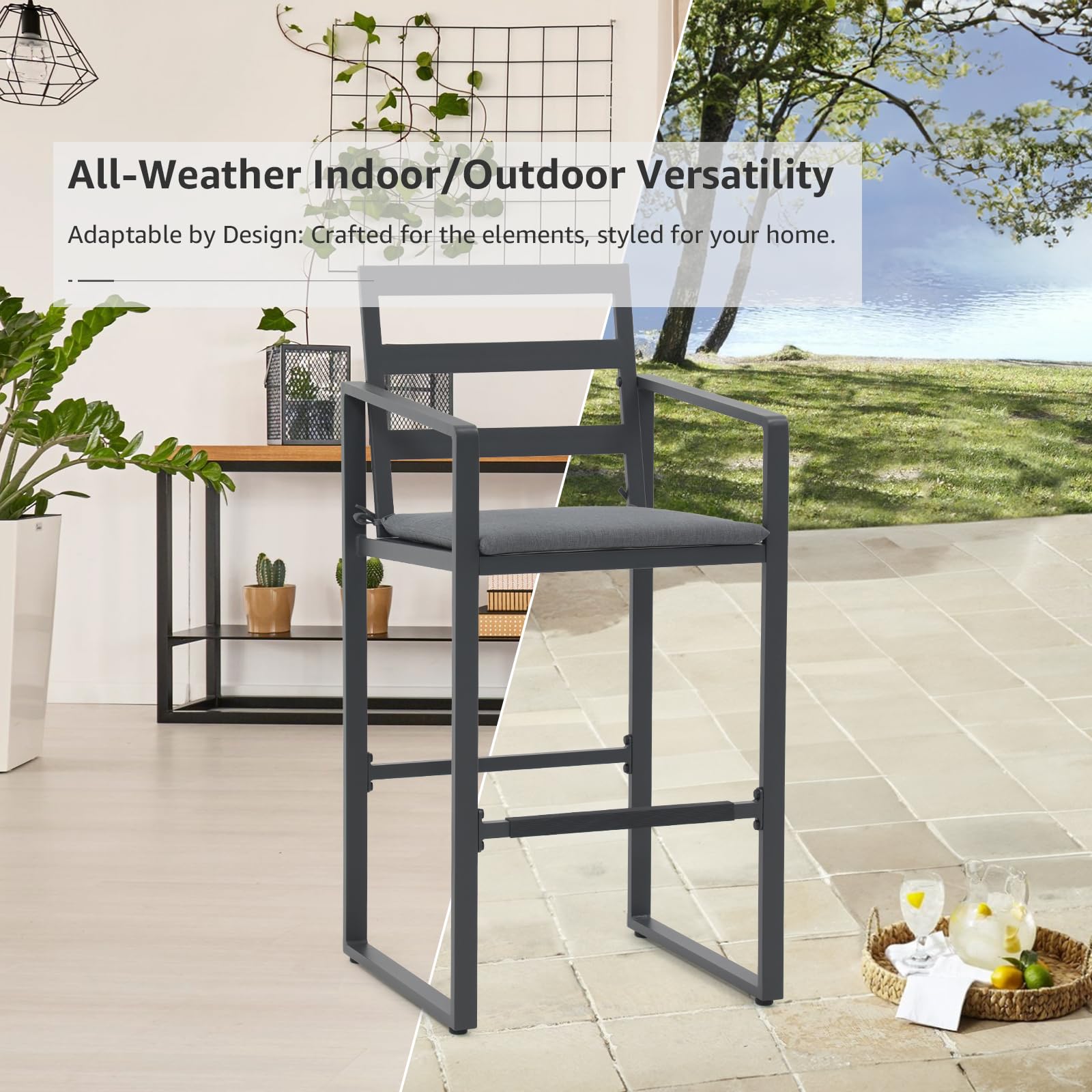 JARDINA Outdoor Bar Stools Set of 2, 31" Bar Height Bar Chairs with High Back, Cushion, Armrests, and Footrests, Aluminum Frame Patio Bar Stools for Backyard, Lawn, Pool(Dark Grey)