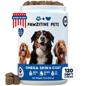 omega 3 fish oil for dogs chews - dog skin & coat supplement for itch relief, hot spot treatment - usa product - salmon oil for dogs itching skin relief, shedding, hip & joint health - 120 soft treats